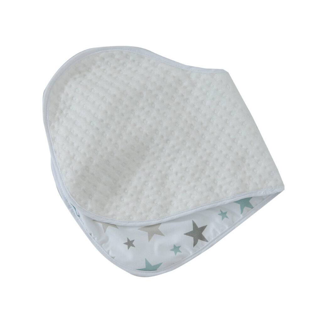 Snuggletime Bamboo Burp Cloths, 2 pack, featuring a soft white textured side and a star-patterned design in grey and teal.