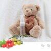 Aromababy baby oil bottle next to a soft teddy bear, set against a cozy white backdrop with natural elements.