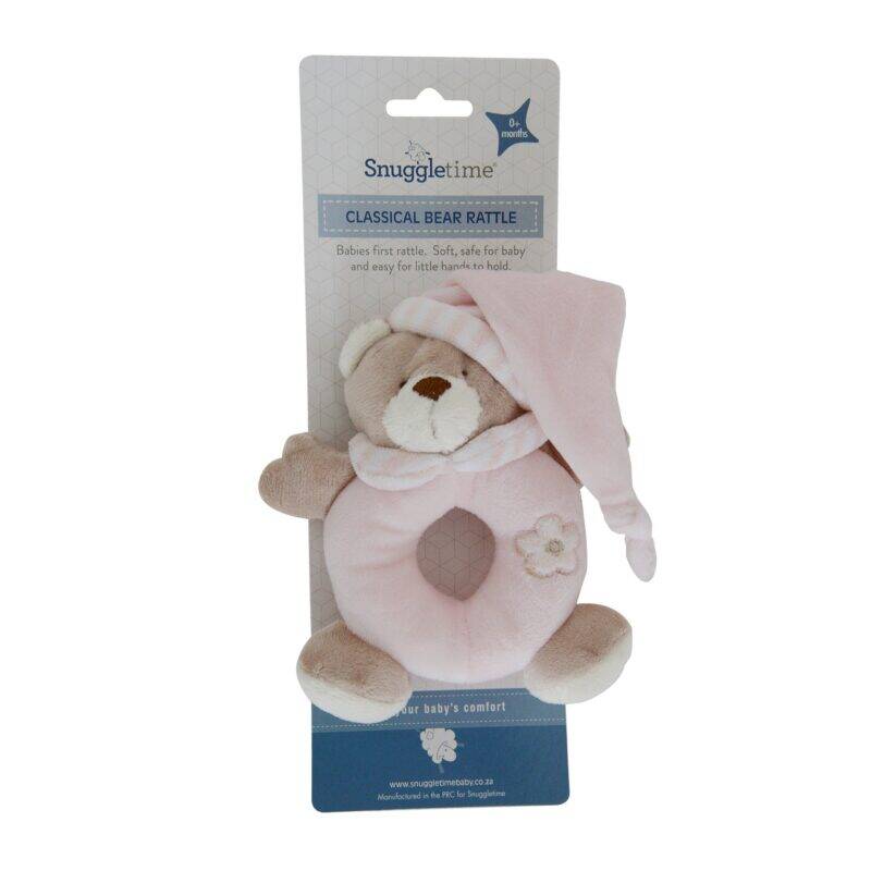 Snuggletime Classical Plush Bear Rattle in pink, featuring a soft bear design with a hat and rattle for infants.