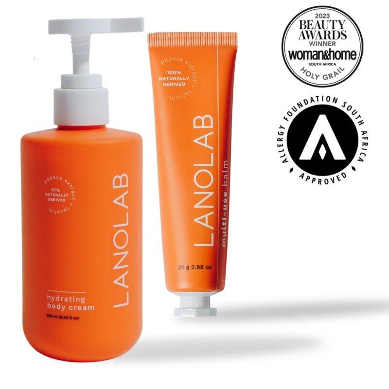 Lanolab Balm and Body Duo featuring an orange hydrating body cream pump bottle and a tube of multi-use balm.