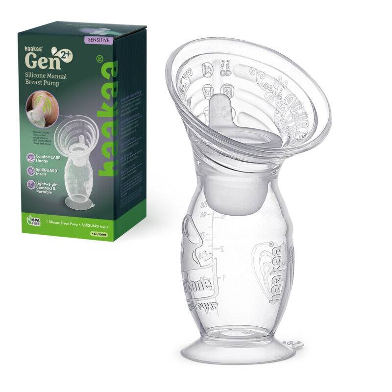 Haakaa Gen. 2+ Silicone Manual Breast Pump with SpillGUARD Insert, clear, featuring a unique design for easy milk collection.