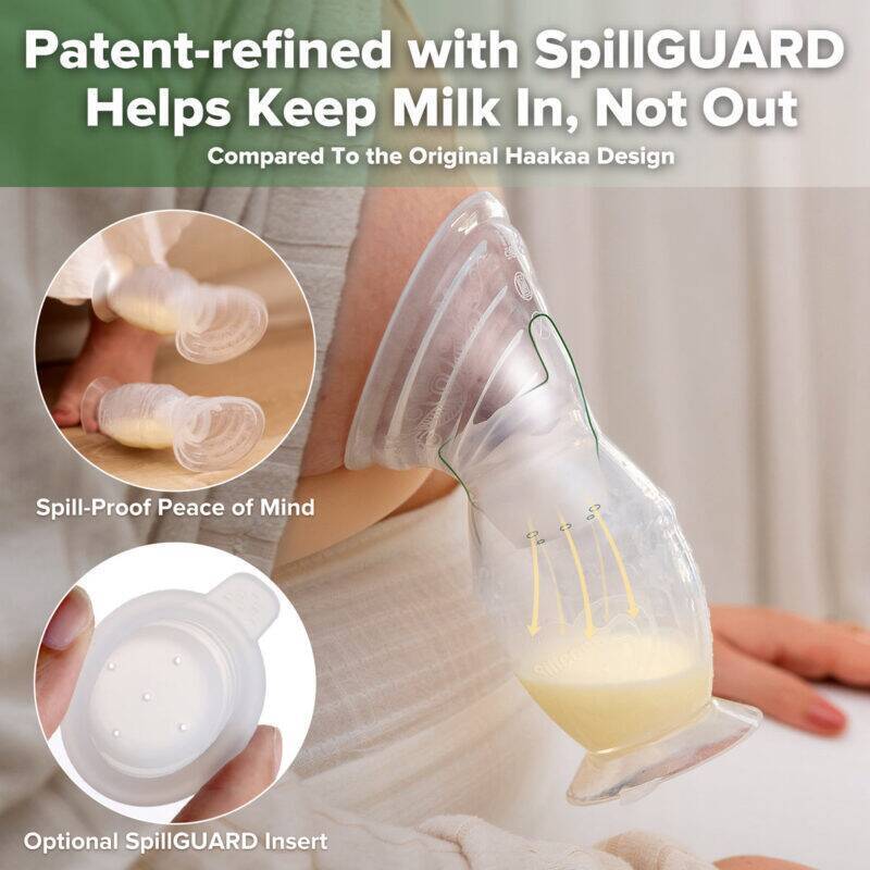 Haakaa Gen. 2+ Silicone Manual Breast Pump with SpillGUARD Insert, 100ml, showing detail of the pump in use with milk.