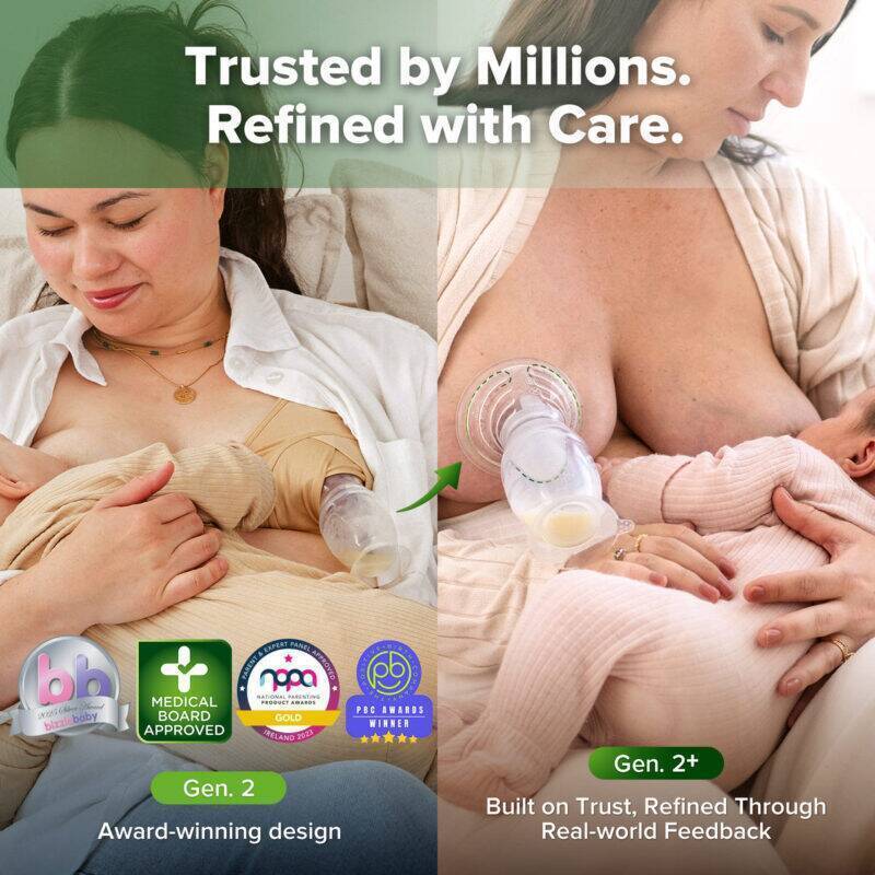 Haakaa Gen. 2+ Silicone Manual Breast Pump with SpillGUARD Insert, showcasing mothers using the pump in a cozy setting.