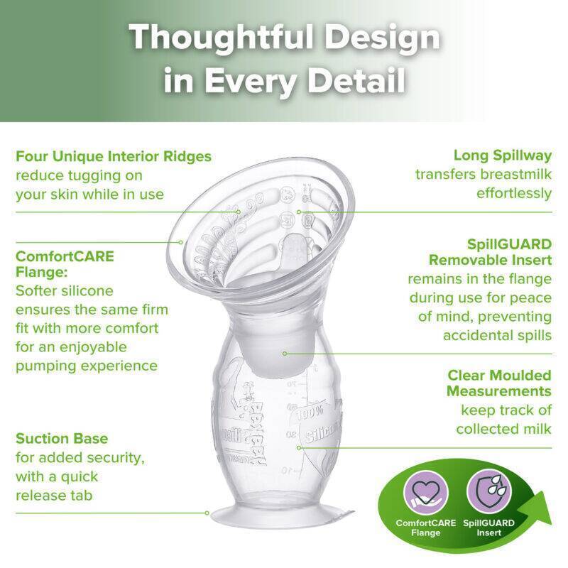 Haakaa Gen. 2+ Silicone Manual Breast Pump with SpillGUARD Insert, 150ml, features unique interior ridges for easy use.
