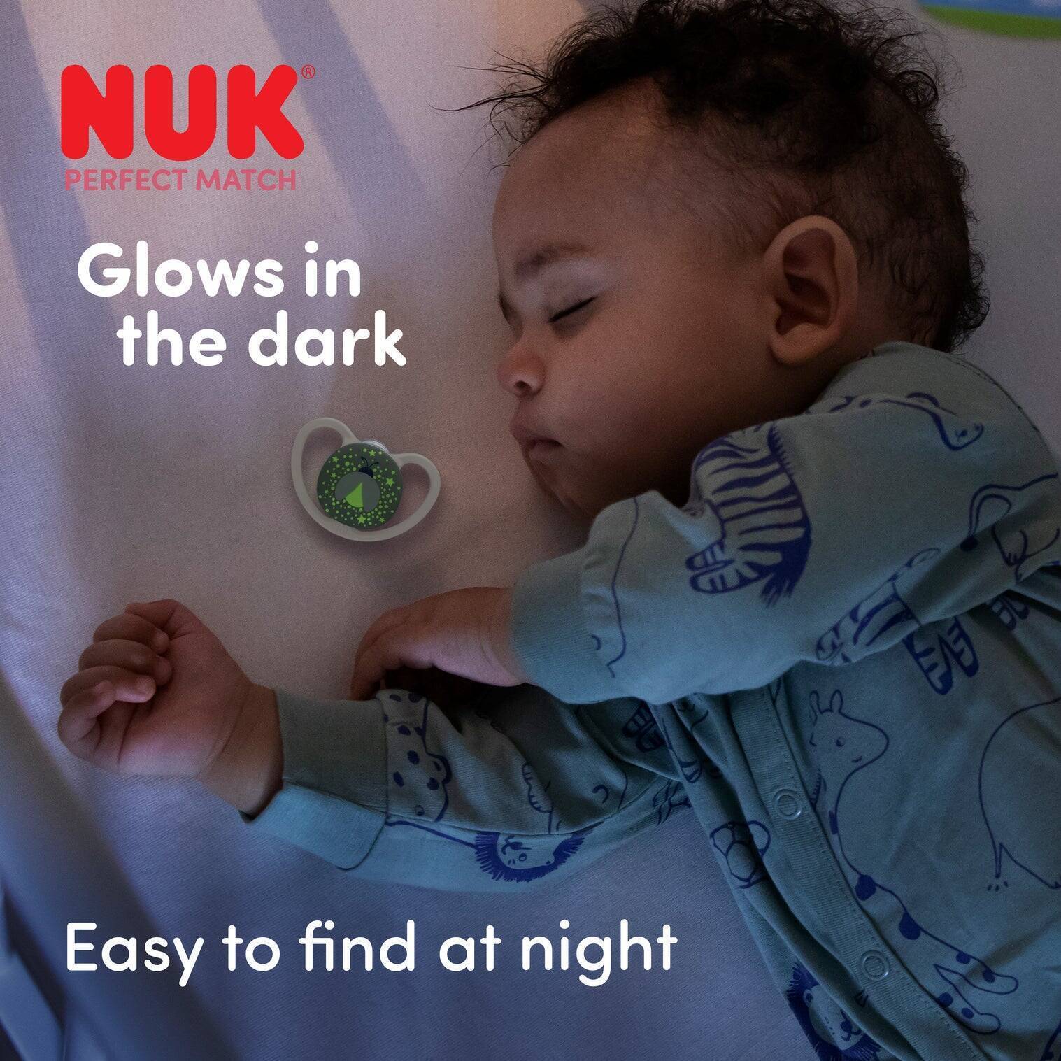 Nuk Perfect Match Air Night Soother 2 pack for 0-6M, featuring glow-in-the-dark lion/firefly and sheep/firefly designs.