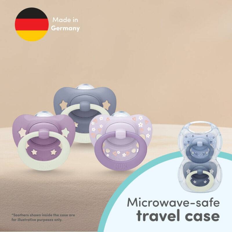 Nuk First Choice Soother 2 Pack for ages 18-36M featuring Kangaroo/Monkey and Turtle/Whale designs with a microwave-safe