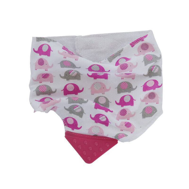 Snuggletime 2-in-1 Teether Bandana Bib in pink and gray elephant print with a textured pink teether corner.