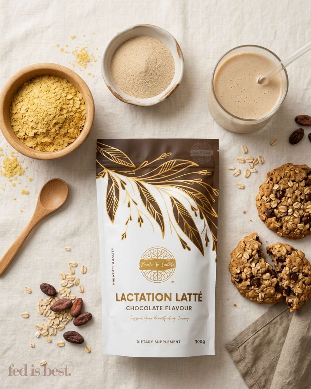 Lactation Latté chocolate flavour nutritional supplement, 300g bag, surrounded by cookies, cocoa, and yeast powder.
