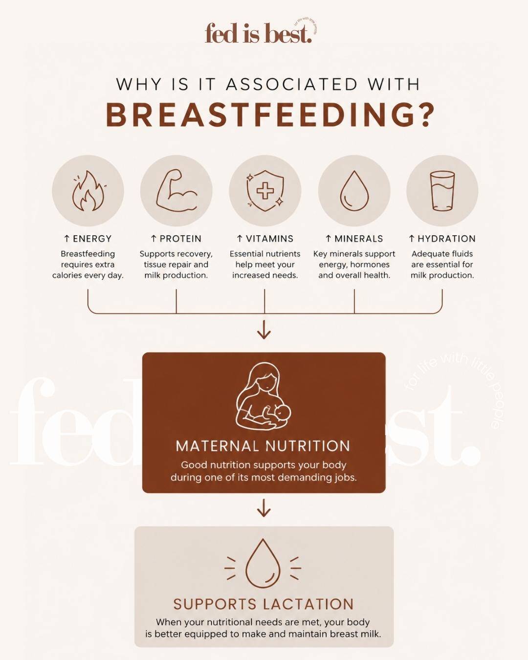 Infographic explaining the benefits of breastfeeding, highlighting energy, protein, vitamins, minerals, hydration, maternal