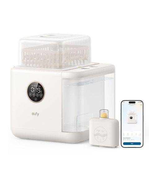 eufy S1 Pro Smart Sterilising Electric Bottle Washer in white with a transparent lid and app-controlled features.