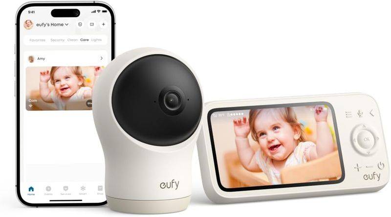 eufy C10 2K Wireless Smart Baby Monitor with a round camera and a display showing a smiling baby.