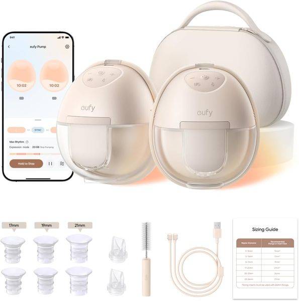 eufy S1 Pro Portable Smart Wearable Electric Breast Pump in soft beige with app interface, accessories, and carrying case.