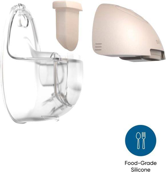 Eufy S1 Pro Portable Smart Wearable Electric Breast Pump in light beige with a clear silicone collector attachment.
