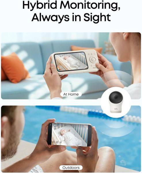 eufy C10 2K Wireless Smart Baby Monitor, featuring a sleek design, used for monitoring indoors and outdoors.