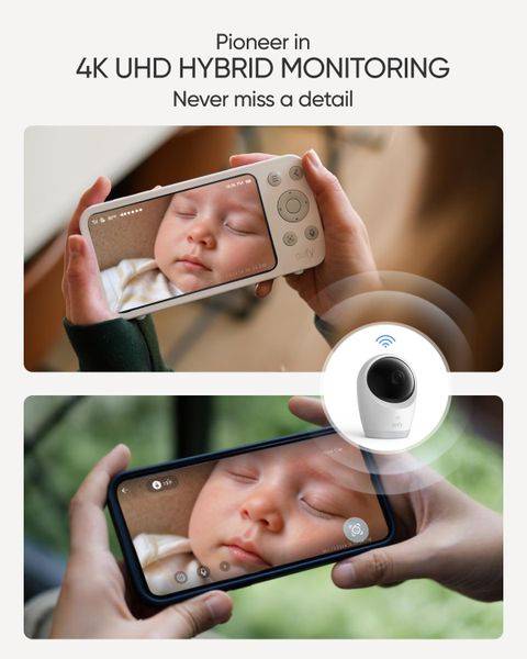 Eufy E21 Wireless 4K Portable Smart Baby Monitor shown in use, displaying a close-up of a sleeping baby on a smartphone