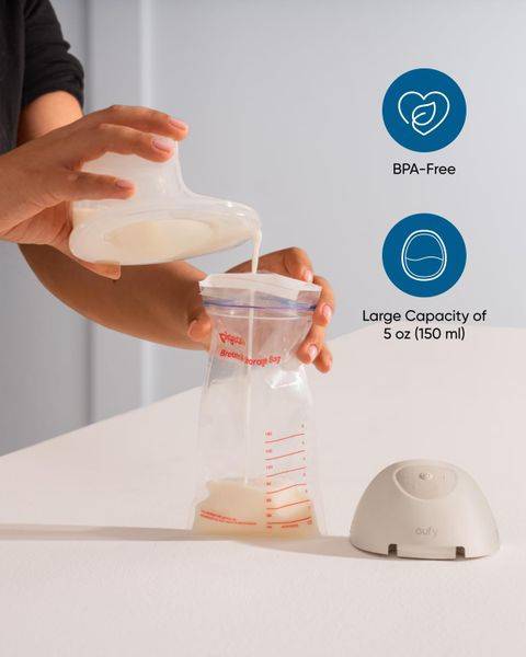Eufy Milk Container for Breast Pump E10, BPA-free, showing a hand pouring milk into a 5 oz container on a table.