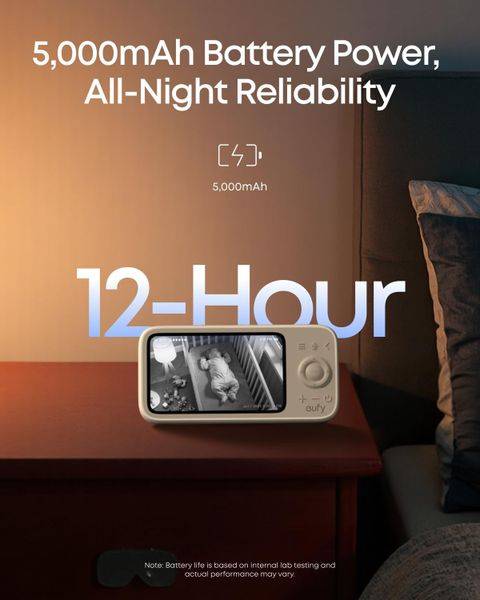 eufy C10 2K Wireless Smart Baby Monitor in gold, displaying a nighttime view with a 12-hour battery life feature.