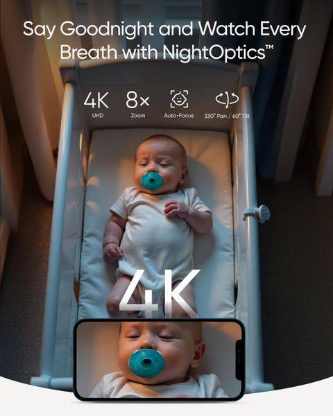 Eufy E21 Wireless 4K Portable Smart Baby Monitor showing a baby in a crib with a smartphone displaying the monitor's 4K feed.