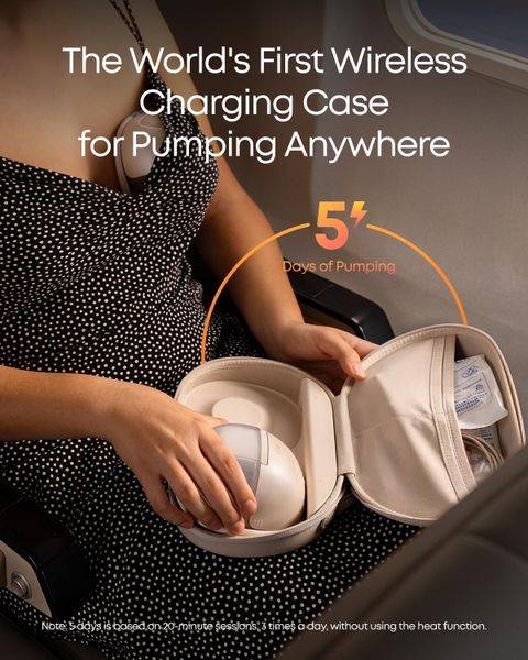 Eufy S1 Pro Portable Smart Electric Breast Pump in a wireless charging case, shown being used by a woman in a travel setting.