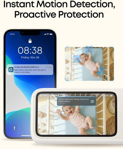 eufy C10 2K Wireless Smart Baby Monitor with a display showing a baby and a smartphone notification for motion detection.