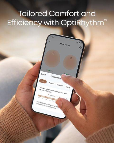 Eufy S1 Pro breast pump displayed on a smartphone screen, showcasing the OptiRhythm settings for tailored comfort.