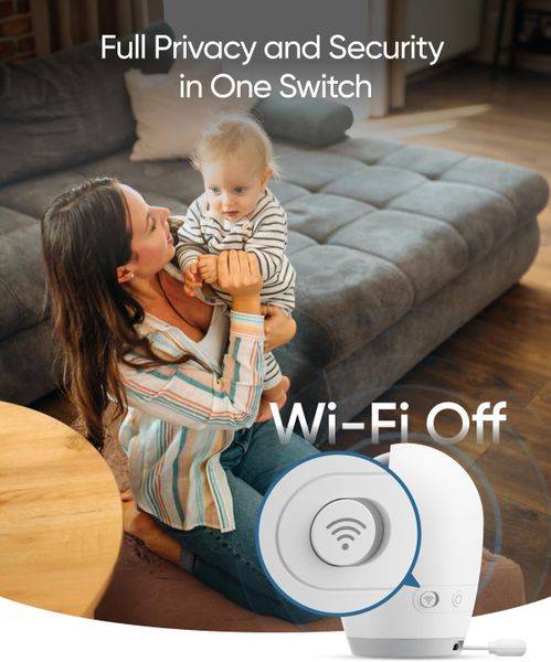 Eufy E21 Wireless 4K Portable Smart Baby Monitor with a mother holding her baby, showcasing the Wi-Fi off feature for