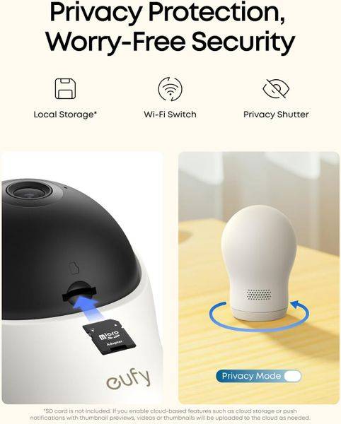 eufy C10 2K Wireless Smart Baby Monitor with privacy features, showing the microSD slot and privacy mode indicator.