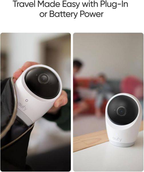 Eufy E21 Wireless 4K Portable Smart Baby Monitor held in hand, showcasing its compact design for easy travel and use.