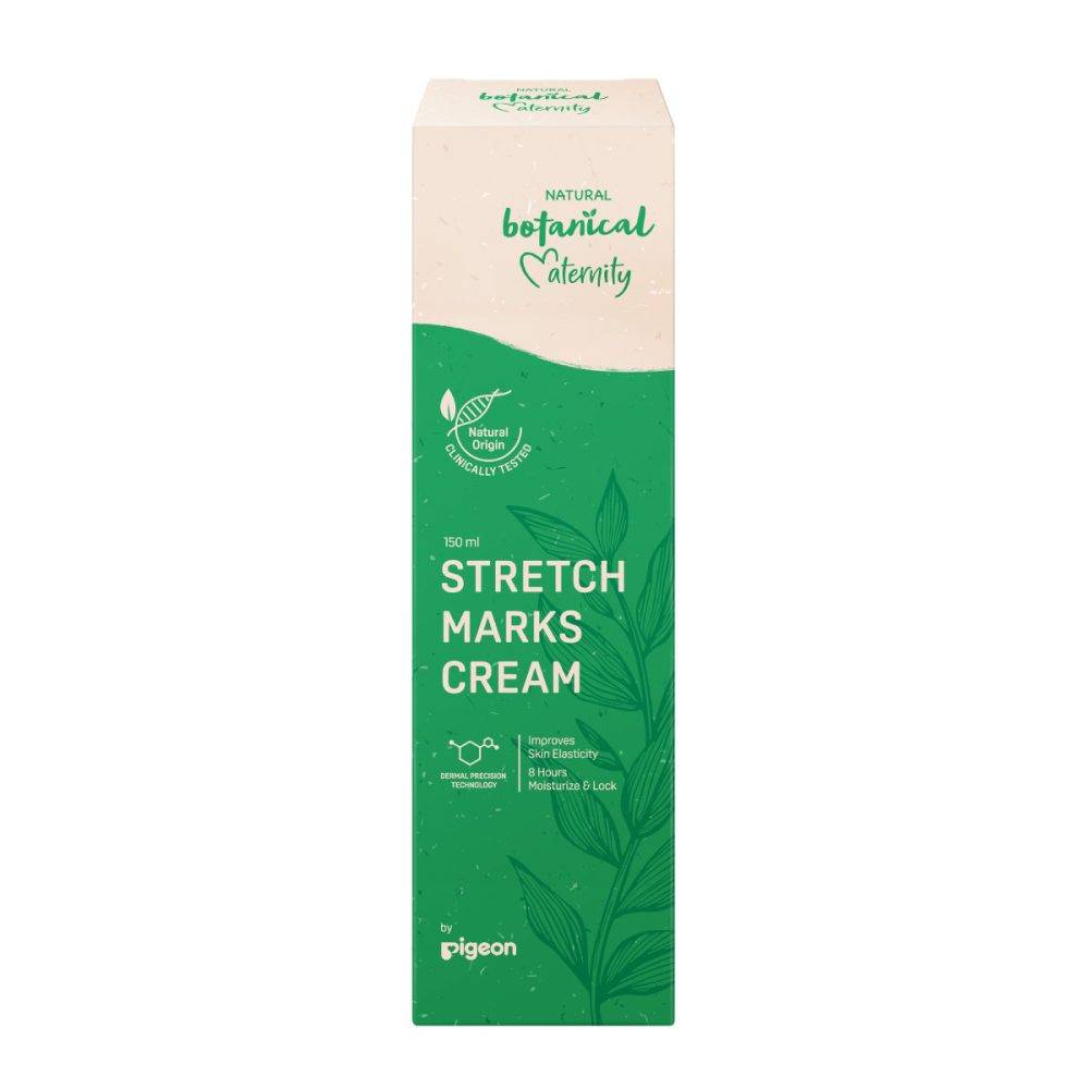 Pigeon Natural Botanical Maternity Stretch Marks Cream 150ml in a green and beige box with leaf design and bold text.