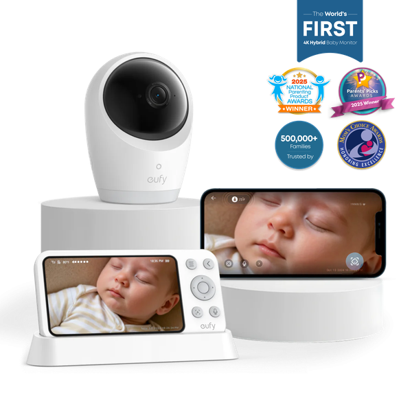 eufy E21 Wireless 4K Portable Smart Baby Monitor with camera and display, showcasing a sleeping baby on the screen.