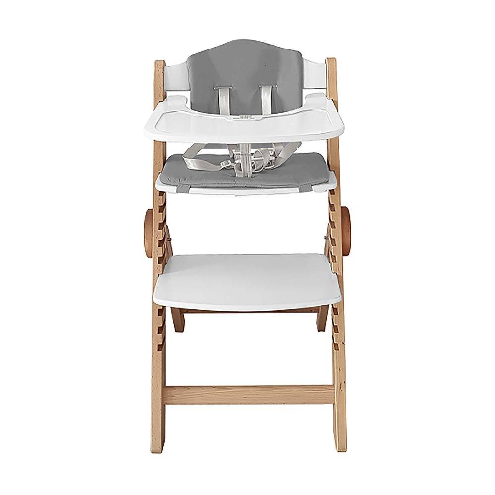 Snuggletime Grow With Me High Chair in natural wood with a grey seat and removable tray for easy cleaning.