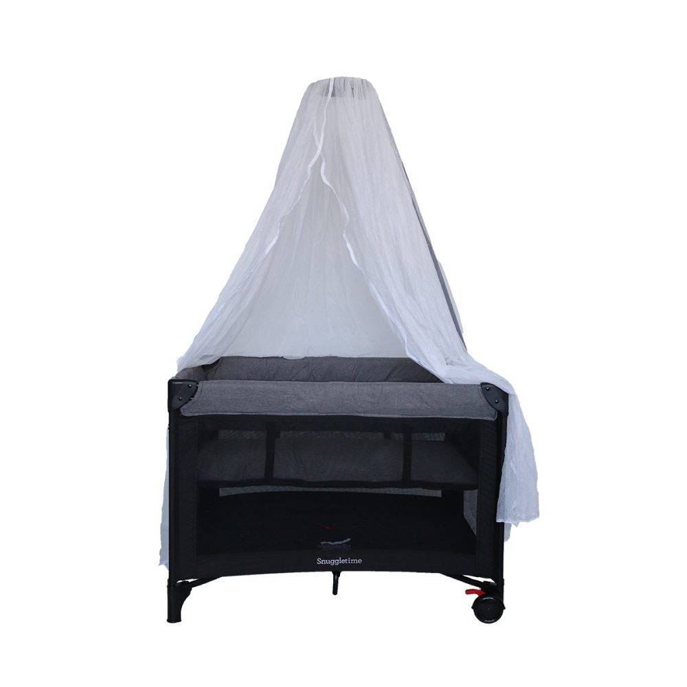 Snuggletime Easy Fold Travel Cot in black with a white mesh canopy for added protection and comfort.