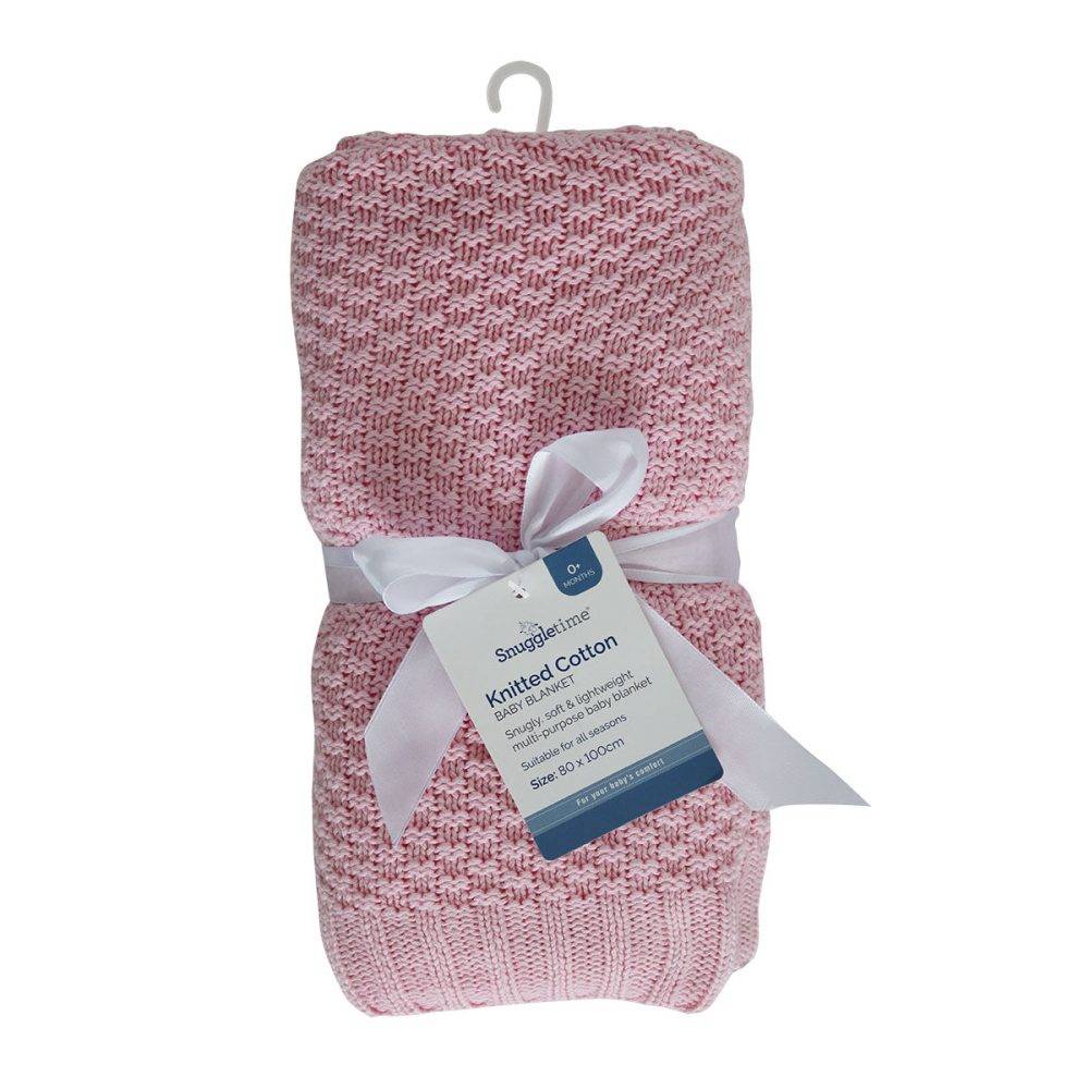 Snuggletime Knitted Cotton Blanket in pink, featuring a textured knit design, perfect for nursery sleep.