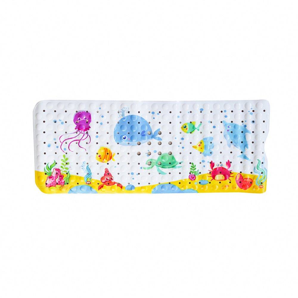 Snuggletime Extra Length Bathmat in Sea World design featuring colorful sea creatures and a non-slip surface.