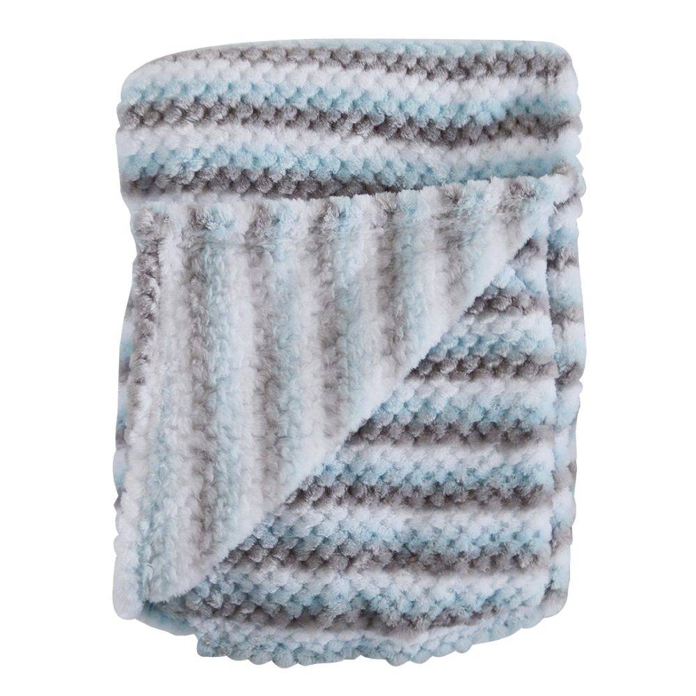Snuggletime Honey Hive Fleece Blanket in blue, mint, and pink stripes, featuring a soft, cozy texture.