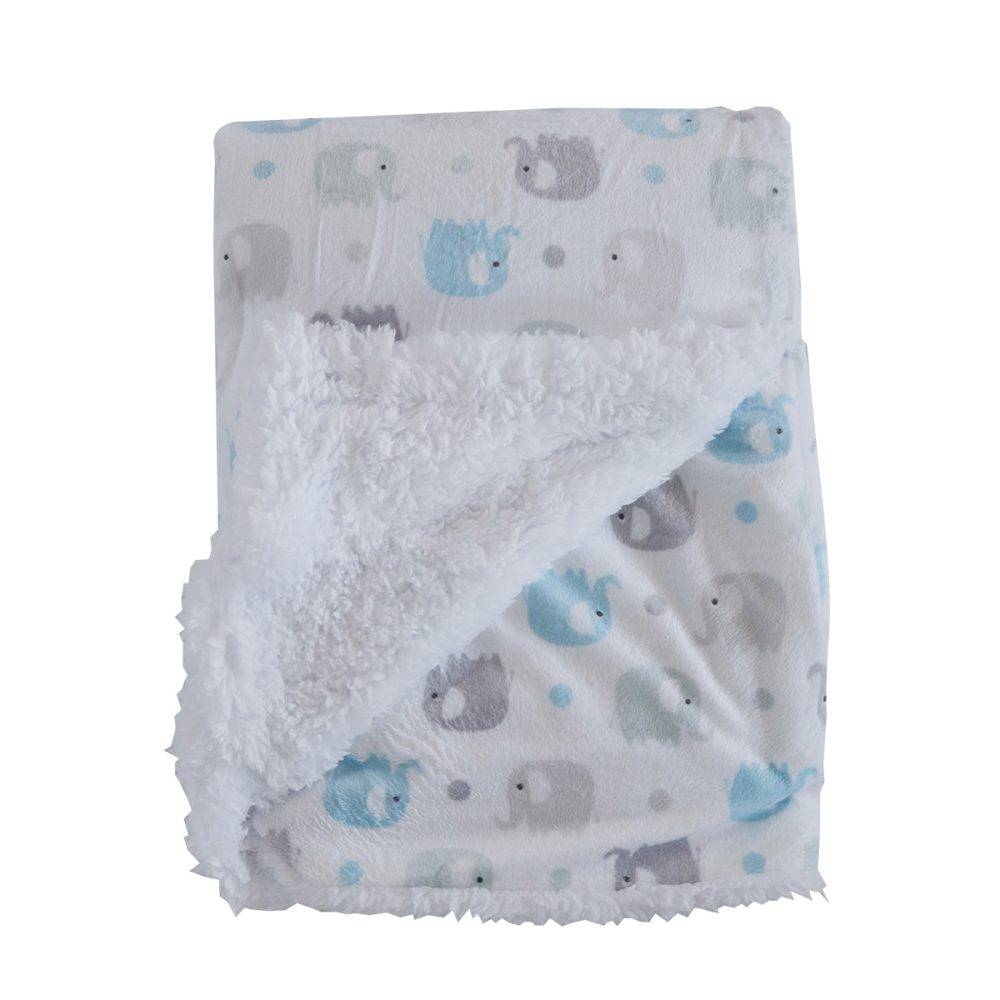 Snuggletime Mink Sherpa Blanket in blue with cute elephant design and soft cream shell lining, perfect for nursery use.