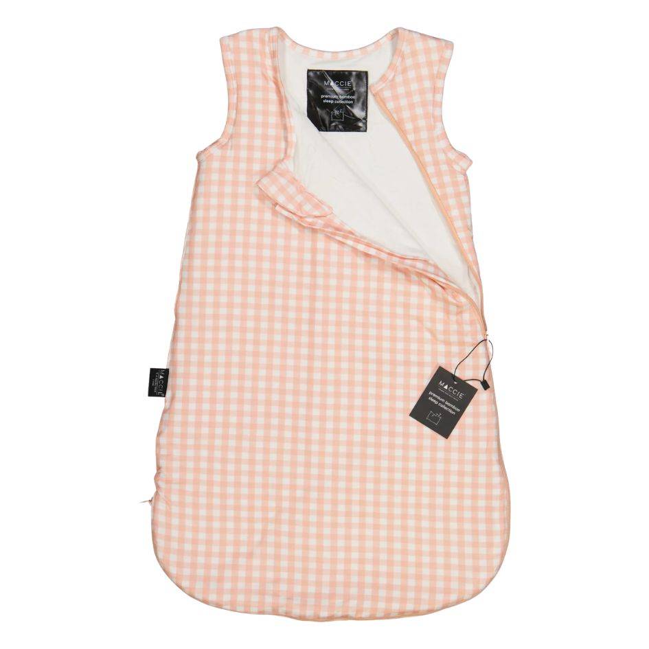 MACCIE 2.0 TOG Winter Sleep Sack in petal pink gingham for 6-18 months, featuring a cozy sleeveless design and zipper.