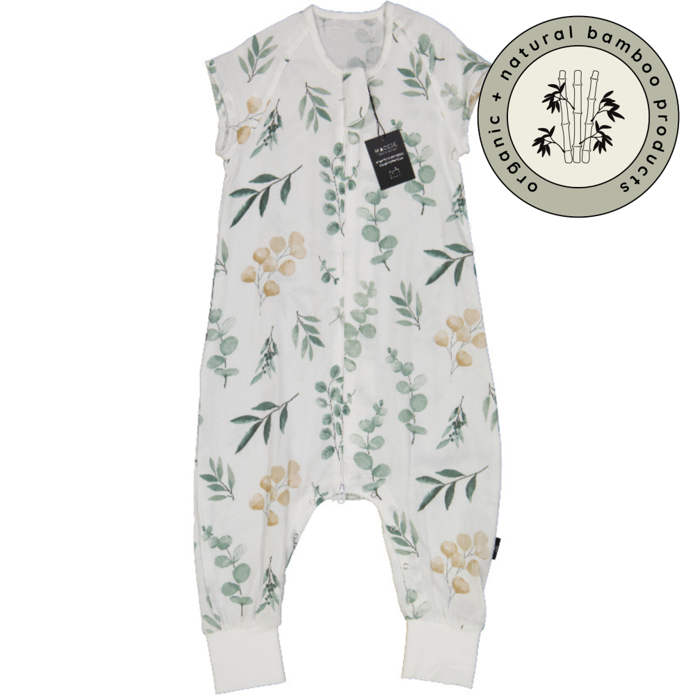 MACCIE 0.3 TOG bamboo toddler sleep suit in green leaves design, featuring a zip front and short sleeves for comfort.