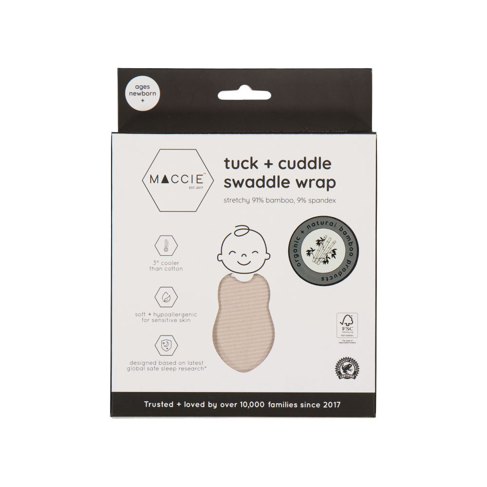 Maccie Tuck + Cuddle Swaddle Wrap in natural color, made of 91% bamboo and 9% spandex, suitable for newborns.