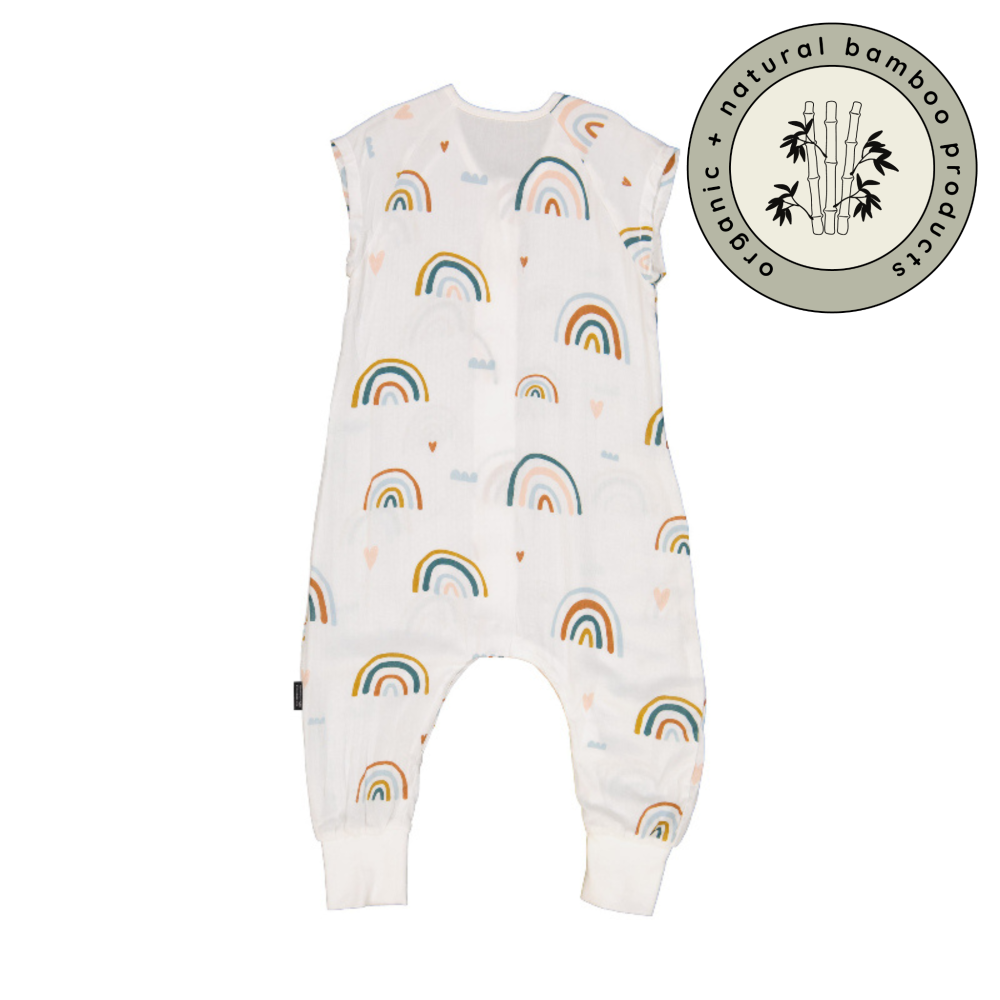 MACCIE 0.3 TOG bamboo summer toddler sleep suit in rainbow design, featuring colorful rainbows and hearts, for ages 1-2