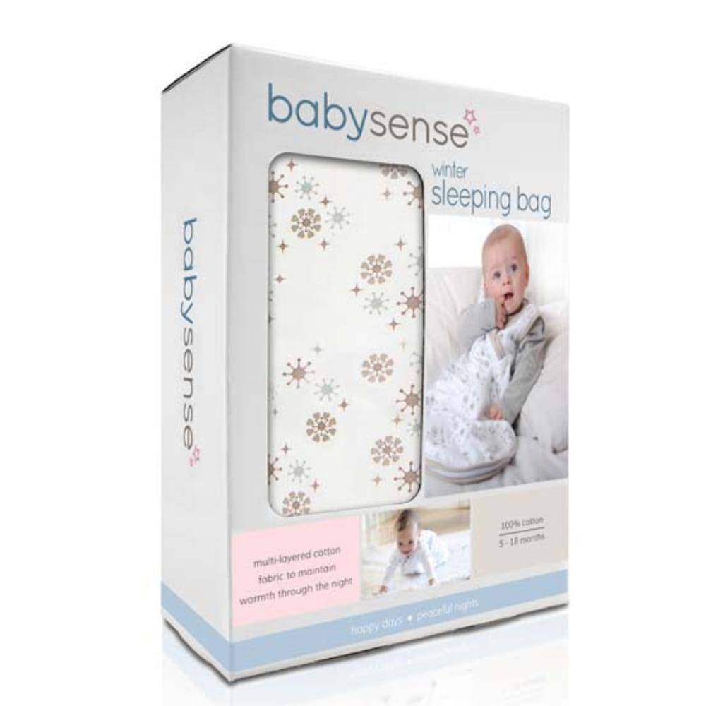 Baby Sense Winter Sleepy Sac in Stone, multi-layered cotton, designed for 5-18 months, featuring a snowflake pattern.