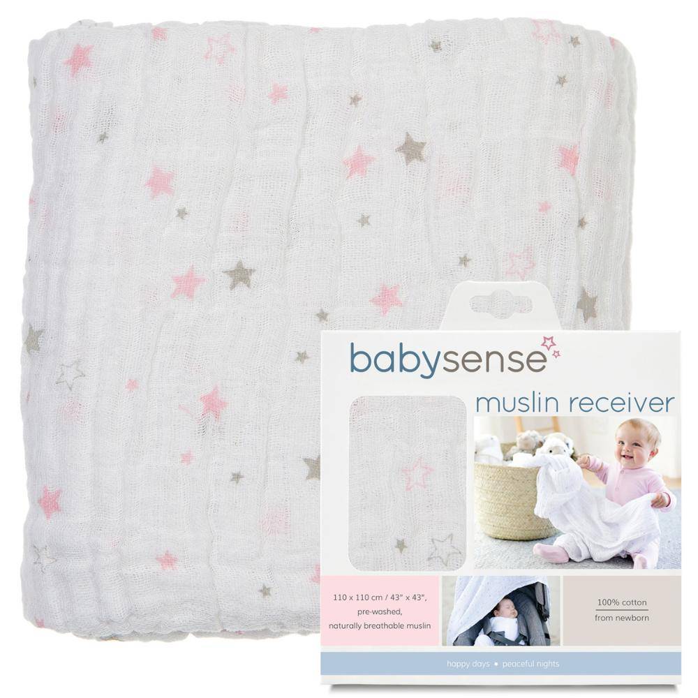 Baby Sense Bamboo Muslin Receiver in white with pink and grey stars, soft and breathable for pre-solids sleep.