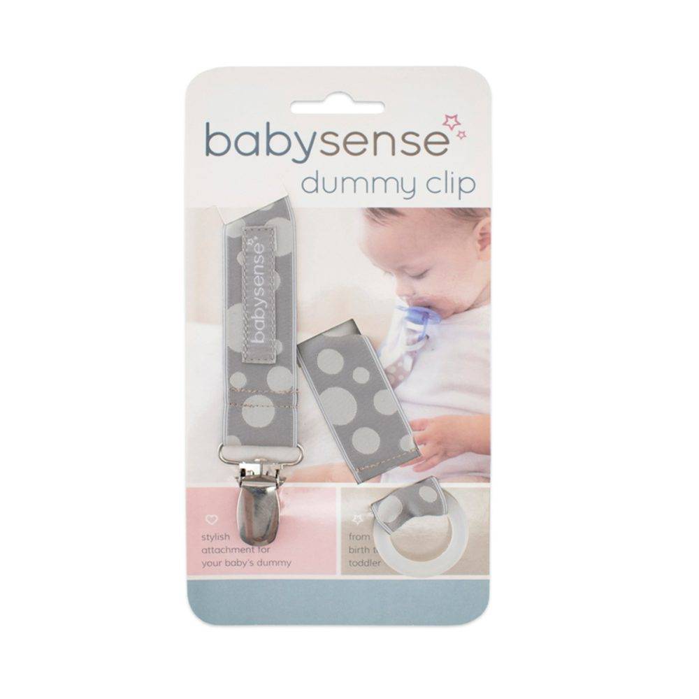 Baby Sense Dummy Clip in blue with polka dots, designed to securely attach baby's dummy. Suitable from birth.