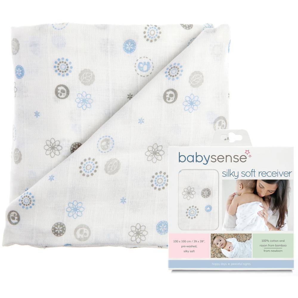 Baby Sense Bamboo Receiver in pastel blue, grey, and pink with floral patterns, 100% cotton and bamboo blend.