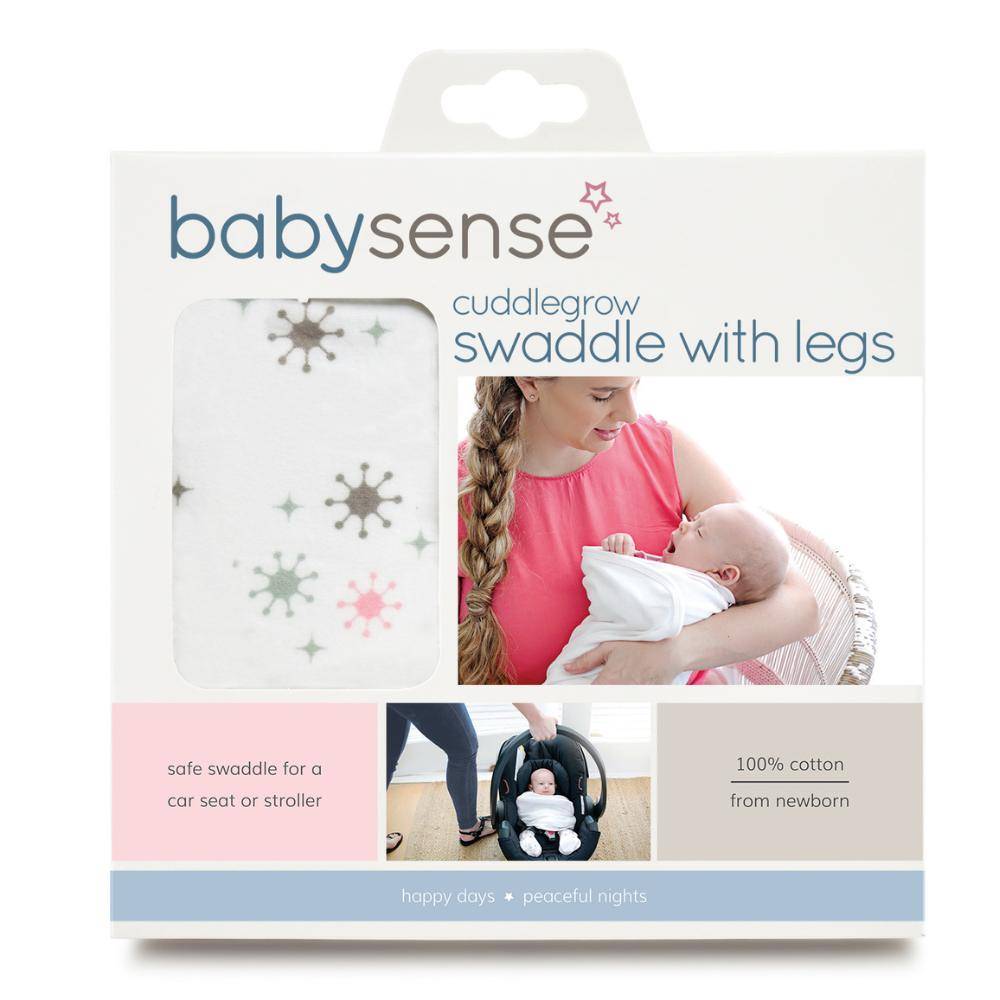 Baby Sense Cuddlegrow swaddle with legs in blue, pink, and stone, designed for comfort from newborn.