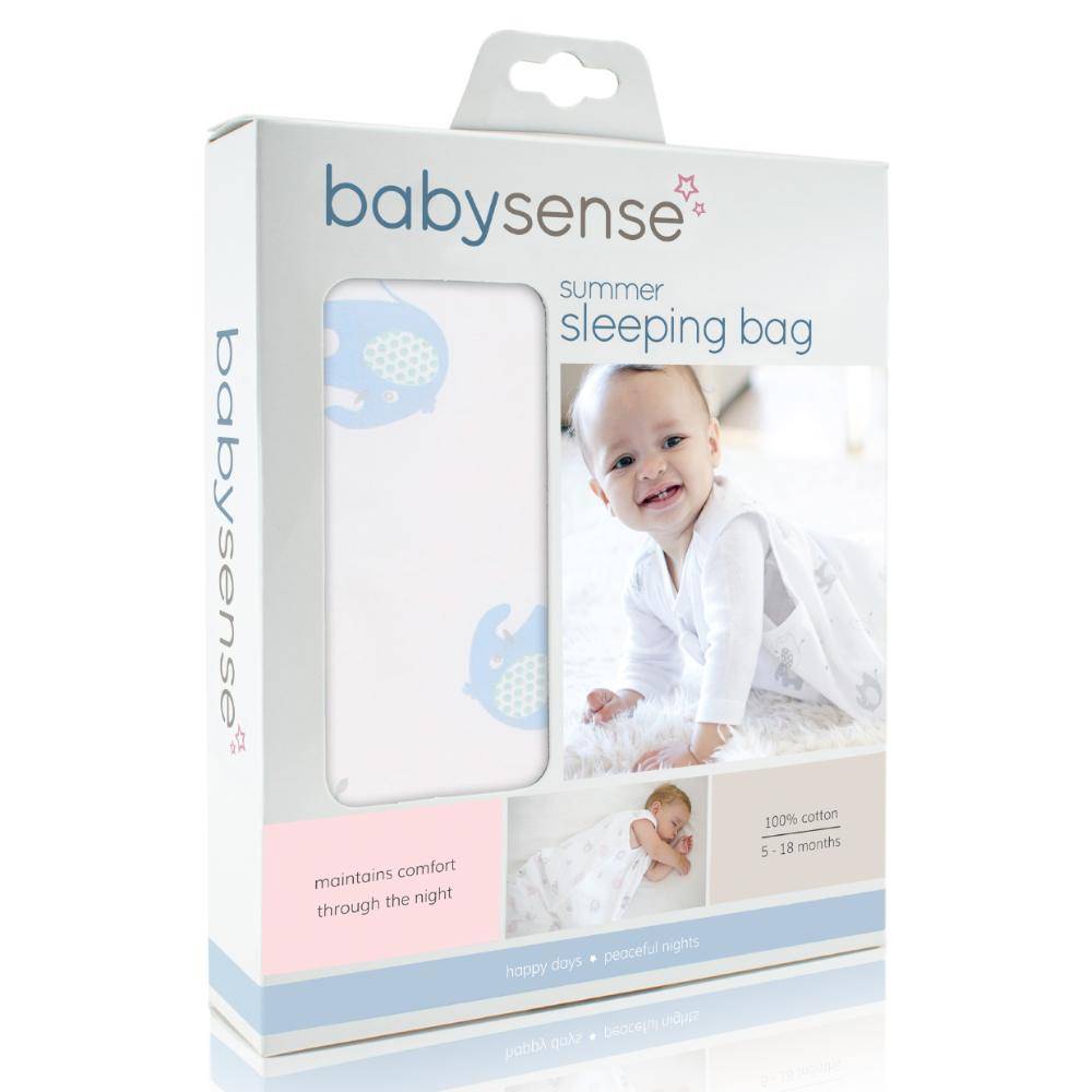 Baby Sense Summer Sleepy Sac in blue with elephant design, suitable for babies 5-18 months, packaged in a clear box.