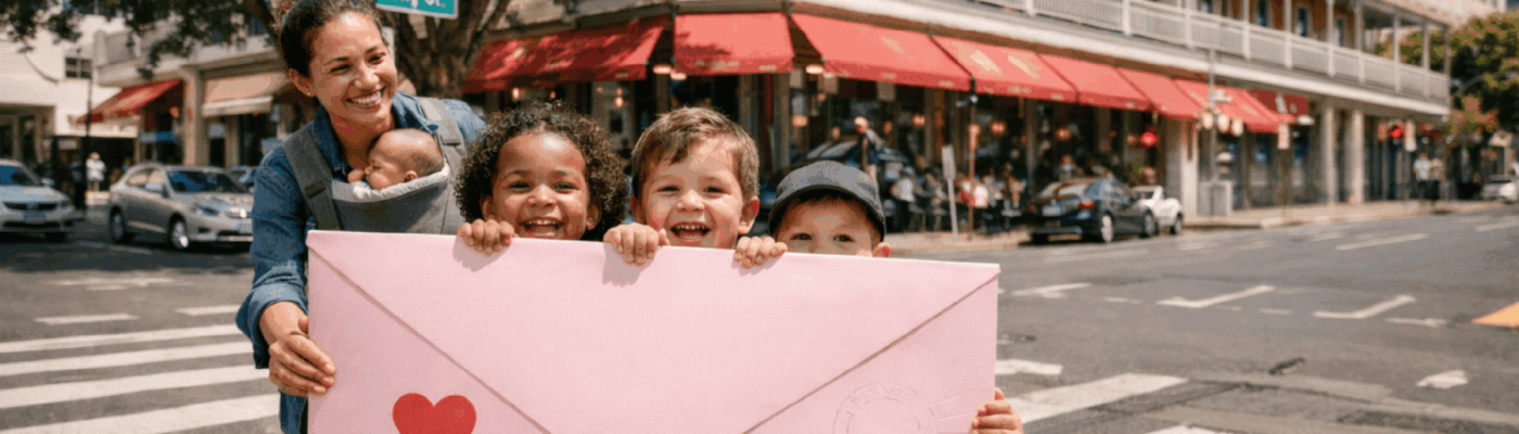 Fed is Best Family Rewards Program featuring a mother with a baby carrier and three smiling children holding a large pink